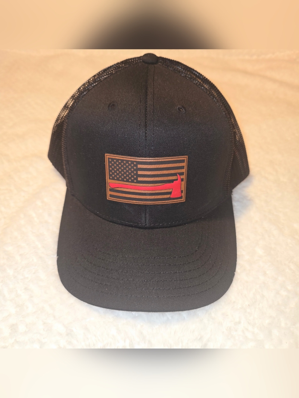 Black Trucker Hat with American Flag and Red Thin Line Axe